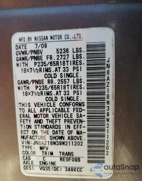 2009 Nissan Murano S from USA, damaged, VIN JN8AZ18W39W211202